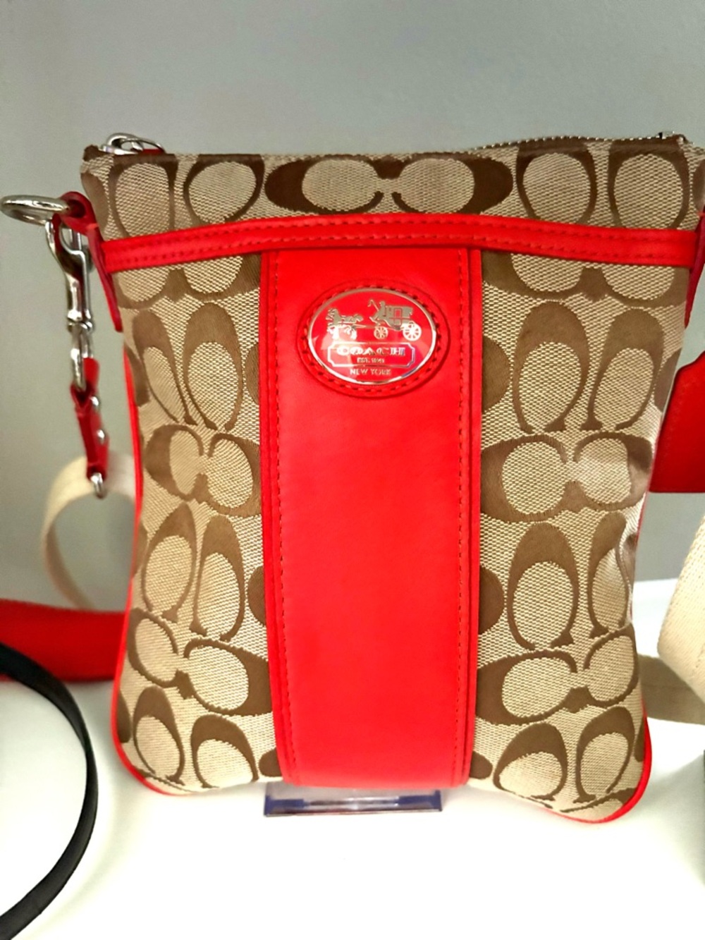 Coach Legacy Signature Swingpack Crossbody Bright Coral and Light Khaki $158